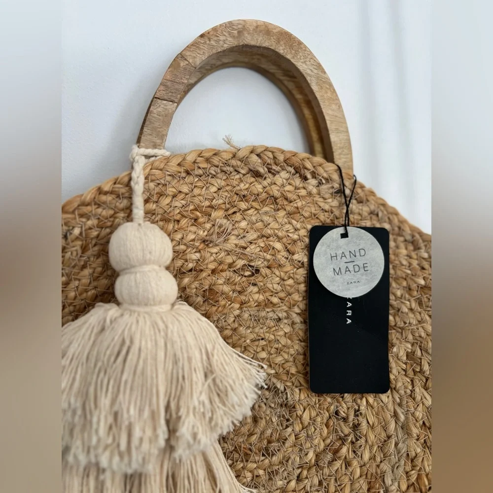 NWT ZARA Raffia Round Straw Basket Bag with Tassel - Picture 6 of 8